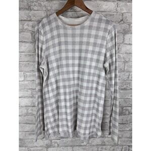 J. Jill 100% Pima Cotton Crew Neck High Low Tee Long Slv Gray White Check Size M